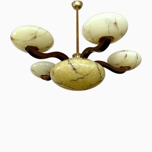 Art Deco Pendant Light in Wood and Glass, 1930s