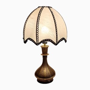 Vintage Table Lamp with Decorated Brass Base and Handmade Beige-Brown Fabric Shade by Lamplove, 1970s