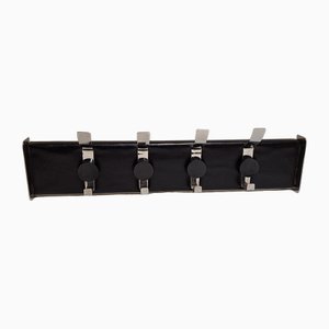 Vintage Wall Coat Rack with Strip in Black Faux Leather, Chrome-Plated Coat Hooks and Black Plastic Buttons, 1970s