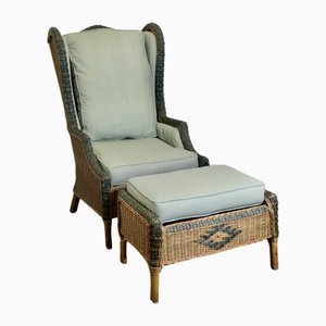 Plantation Chair with Matching Foot Stool, 1930s, Set of 2