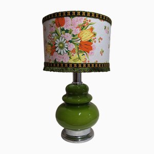 Lampe de Bureau Vintage avec Socle en Verre Vert à Éclairage Intérieur sur Support en Métal Chromé avec Abat-Jour en Tissu Fait Main par Lamplove, 1970s
