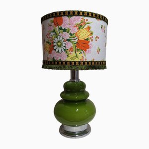 Vintage Table Lamp with Internally Lit Green Glass Base on Chrome-Plated Metal Mount with Handmade Fabric Shade by Lamplove, 1970s