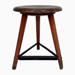 Tabouret d'Atelier Rustique Industriel en Bois et Acier, Allemagne, 1920s