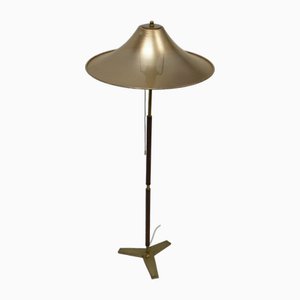 Mid-Century Modern Floor Lamp in Brass & Teak with Gold Perforated Metal Shade, 1960s