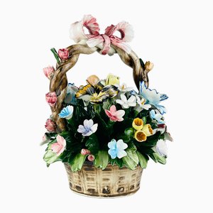 Cesta vintage de cerámica con flores de S. Rioleva Capodimonte, Italia, años 60