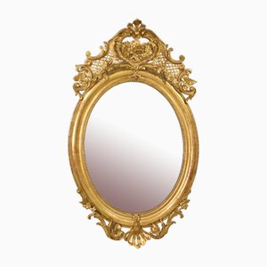 19th Century Round Gold Mirror with Flowers and Scrolls & Gold Leaf Frame