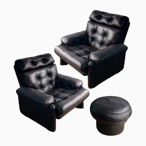 Mid-Century Leather Model Coronado Sofa & Ottoman by Tobia Scarpa for B & B Italia, Set of 3