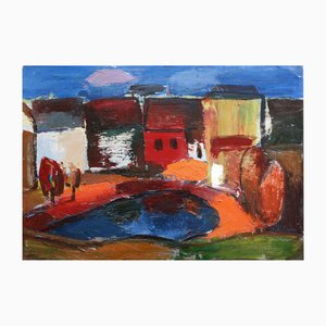 Aleksandr Rodin, City Landscape, Talsi, Oil on Cardboard, 1970s