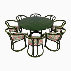 Italienischer Tisch und Stühle aus Korbgeflecht, Bambus & Grün gebeiztem Holz, 1970er, 9 . Set