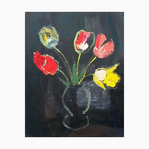 Aleksandr Rodin, Tulips on the Black Background, 1975, Oil on Cardboard