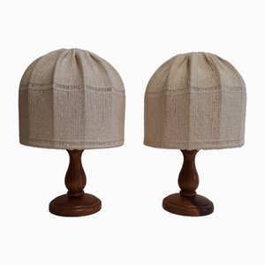 Vintage German Bedside Lamps with Turned Pine Base and Beige Fabric Shade from Biko, 1980s, Set of 2
