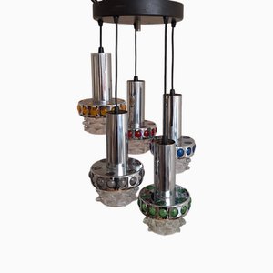5-flammige Vintage Cascade Deckenlampe mit schwarzem Metallsockel, fünf verchromten Metallhalterungen, gezackten Gläsern und farbigen Kunststoffabdeckungen, 1970er