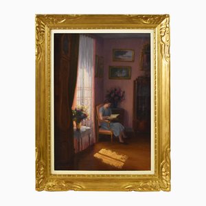 Henri-Charles Angéniol, Portrait of Young Woman Reading, Oil on Wood, 20th Century, Framed
