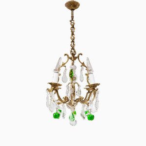 Vintage French Bronze Chandelier with Green Glass, 1940s