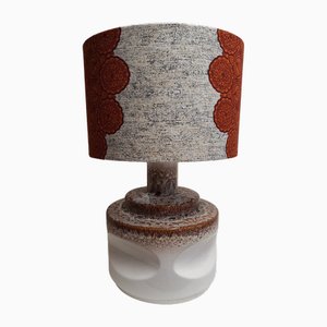 Vintage Tischlampe mit Keramikfuß in Beige-Braun-Weiß mit passendem handgefertigtem Stoffschirm von Lamplove
