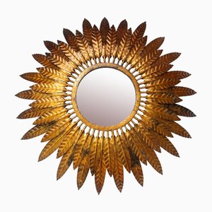 Gilded Metal Backlit Sunburst Mirror with Lights, Spain, 1950s