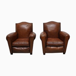 Poltrone in pelle color cognac con schienale baffi, Francia, anni '40, set di 2