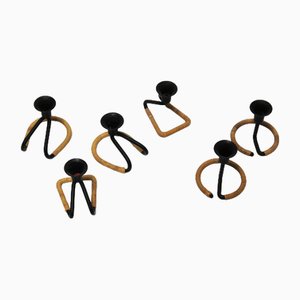 Candelabros daneses vintage de acero ennegrecido y fibra natural tejida atribuidos a Laurids Lonborg, años 50. Juego de 6