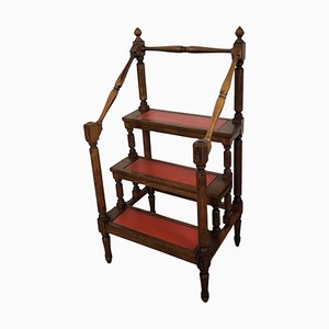 Mid-Century Italian Carved Walnut Wood and Leather 4-Step Library Ladder, 1950s