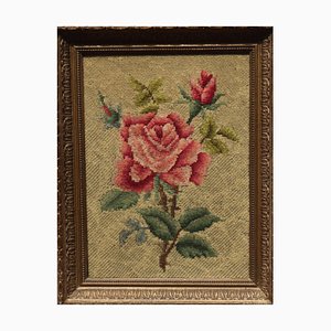 Tableau Vintage Brodé Rose dans Cadre Doré