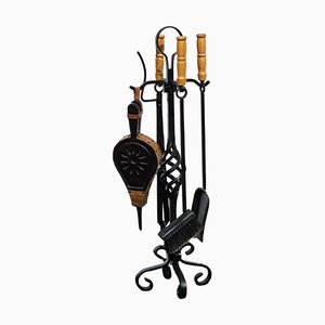 Vintage Fireplace Tool Set with Cast Iron Stand & Carved Bellows, 1970s
