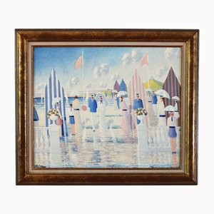 Paul Frans, People on the Beach with Cabins, 1980, Paint on Canvas, Framed