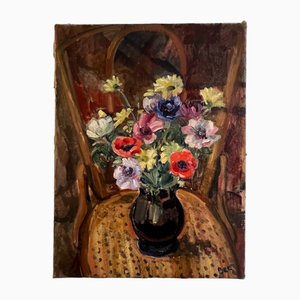 Charles Beer, Blumenstrauß in Vase auf einem Sessel, 1920er, Öl auf Leinwand