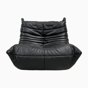 Sillón Togo francés de cuero negro de Michel Ducaroy para Ligne Roset, años 70
