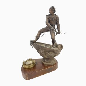 Estatua Le Gardien de bronce con cenicero de latón, década de 1800