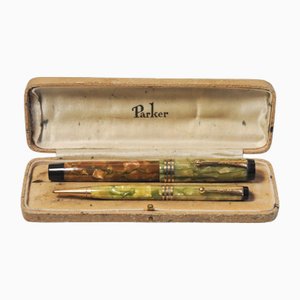 Art Deco Duofold Marbleised Fountain Pen & Pencil Set in Original Parker Box from Parker, 1930s, Set of 2
