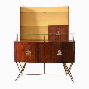 Bancone bar Mid-Century in ottone e vetro, anni '50, set di 2