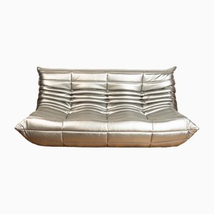 Canapé 3 Places Togo en Cuir Argenté par Michel Ducaroy pour Ligne Roset