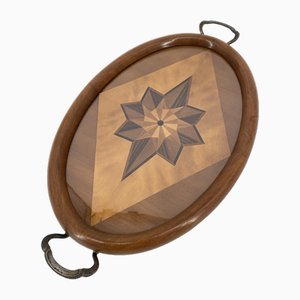 Vassoio antico con elaborati intarsi in legno a forma di stella, inizio XX secolo
