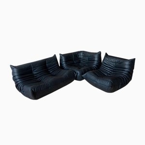 Siège d'Angle Togo en Cuir Noir, Fauteuil & Canapé 2 Places par Michel Ducaroy pour Ligne Roset, Set de 3