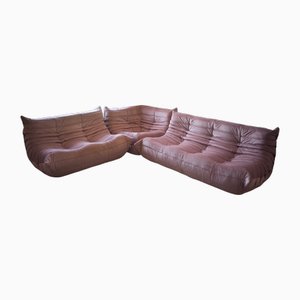Sedie Togo ad angolo in velluto rosa perla, divano a due e tre posti di Michel Ducaroy per Ligne Roset, 1979, set di 3