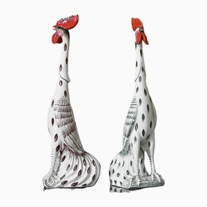Roosters in Glazed Ceramic with Handmade Decorations, 1950s, Set of 2