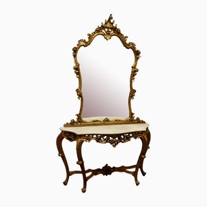 Italian Marble Top Console Table and Mirror Set, 1890s, Set of 2
