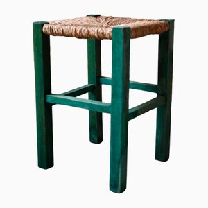 Sgabello bohémien in legno e paglia, anni '60
