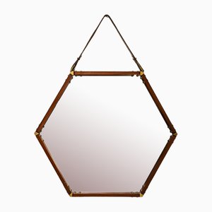 Hexagonal Teak Mirror with Brass and Leather, Italy, 1960s