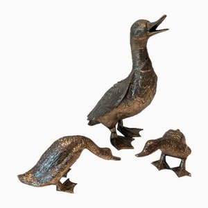 Patos vintage de bronce plateado, años 70. Juego de 3