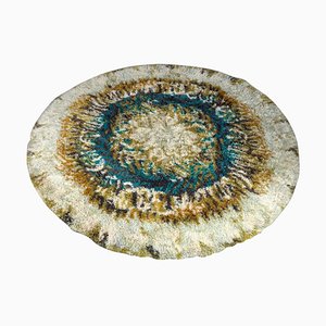 Vintage Circular Beige, Brown and Turquoise Wool Rya Rug, 1970s