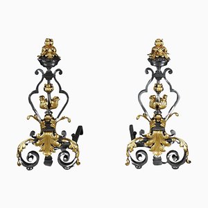 Large Wrought Iron Andirons, 1880, Set of 2