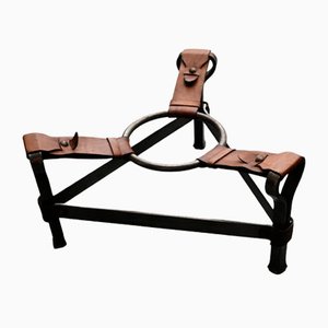 Brutalist Iron and Leather Coffee Table from Jean Pierre Ryckaert, 1950s