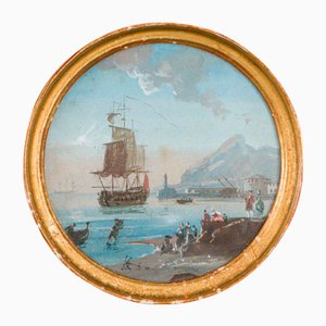 After Quentin de La Tour, Miniature Galleon and Port Scene, 1700s, Painting in Gilded Wood Frame