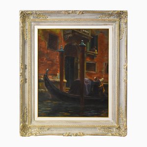 Charles Léon Godeby, Venice with Gondola, 1800s, Oil on Canvas, Framed