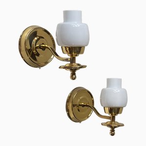 Danish Modern Wall Sconces in White Glass and Brass from Abo, 1970s, Set of 2