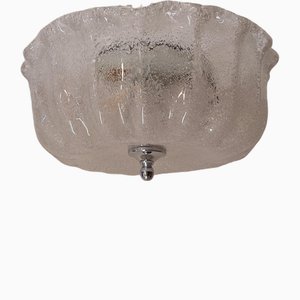 Plafonnier Plat Vintage avec Abat-Jour en Verre Givré Transparent en Forme de Gugelhupf avec Support en Métal Plaqué Chrome de Honsel, 1980s