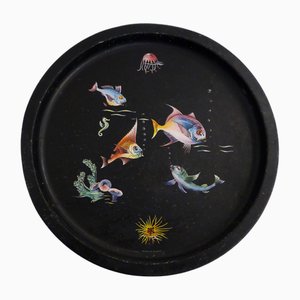 Rundes Tablett mit Fischen & Anemonen aus Metall von Lefevre, Frankreich, 1960er
