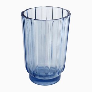 Art Deco Vase with Fluted Body in Blue Molded Pressed Glass, 1930s