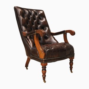 William IV Brown Leather Chesterfield Library Chair on Castors